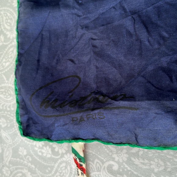 Vintage Christian PARIS Italian Silk Scarf Large square navy blue gold green - Picture 3 of 13